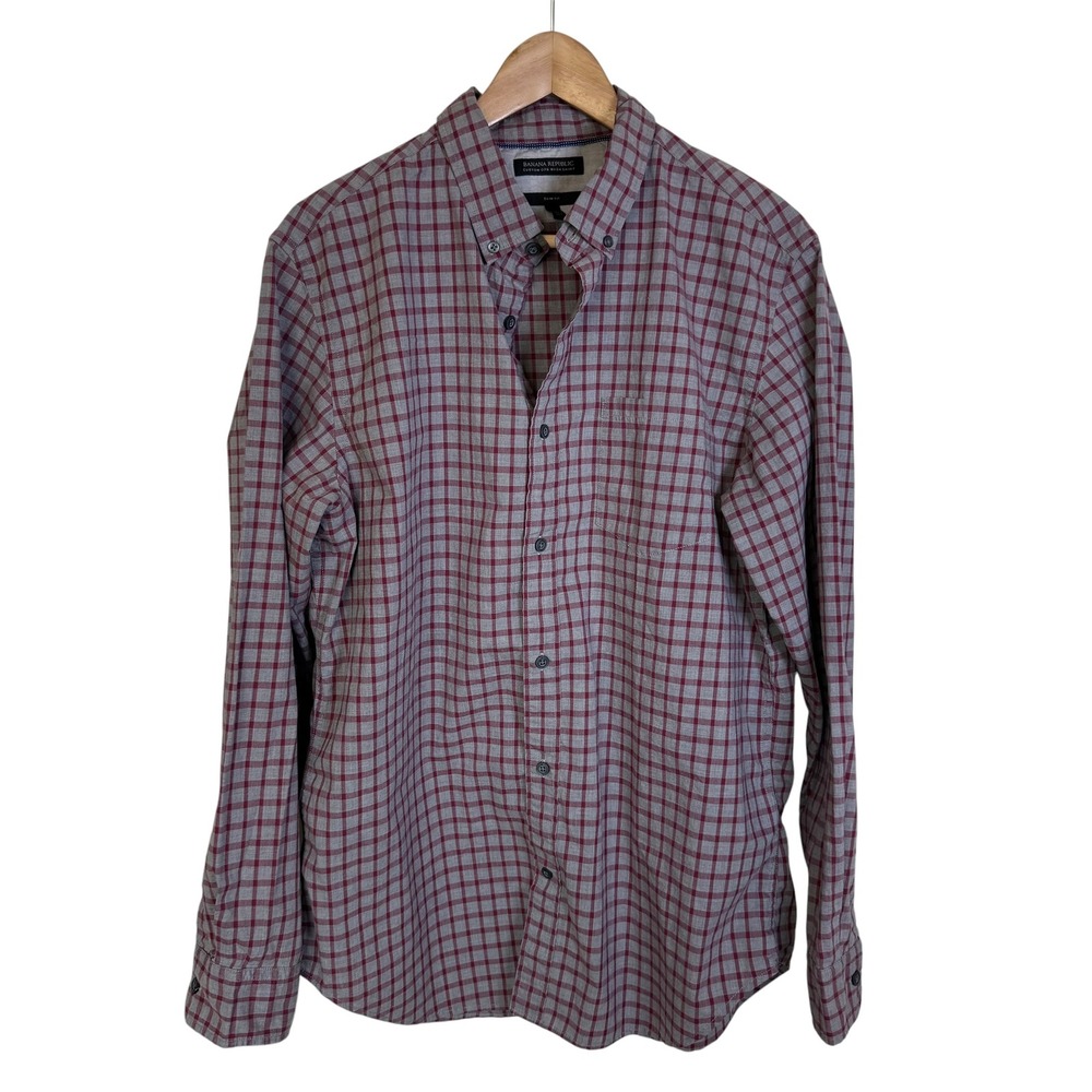 Banana Republic Button Down Women L Red Plaid Excellent Slim Fit Cotton Shirt